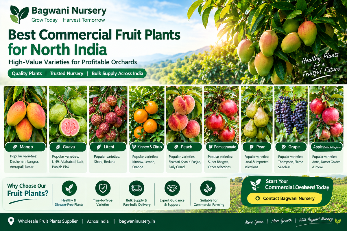 Best commercial fruit plants for North India including mango, guava, litchi, citrus, peach and pomegranate plants