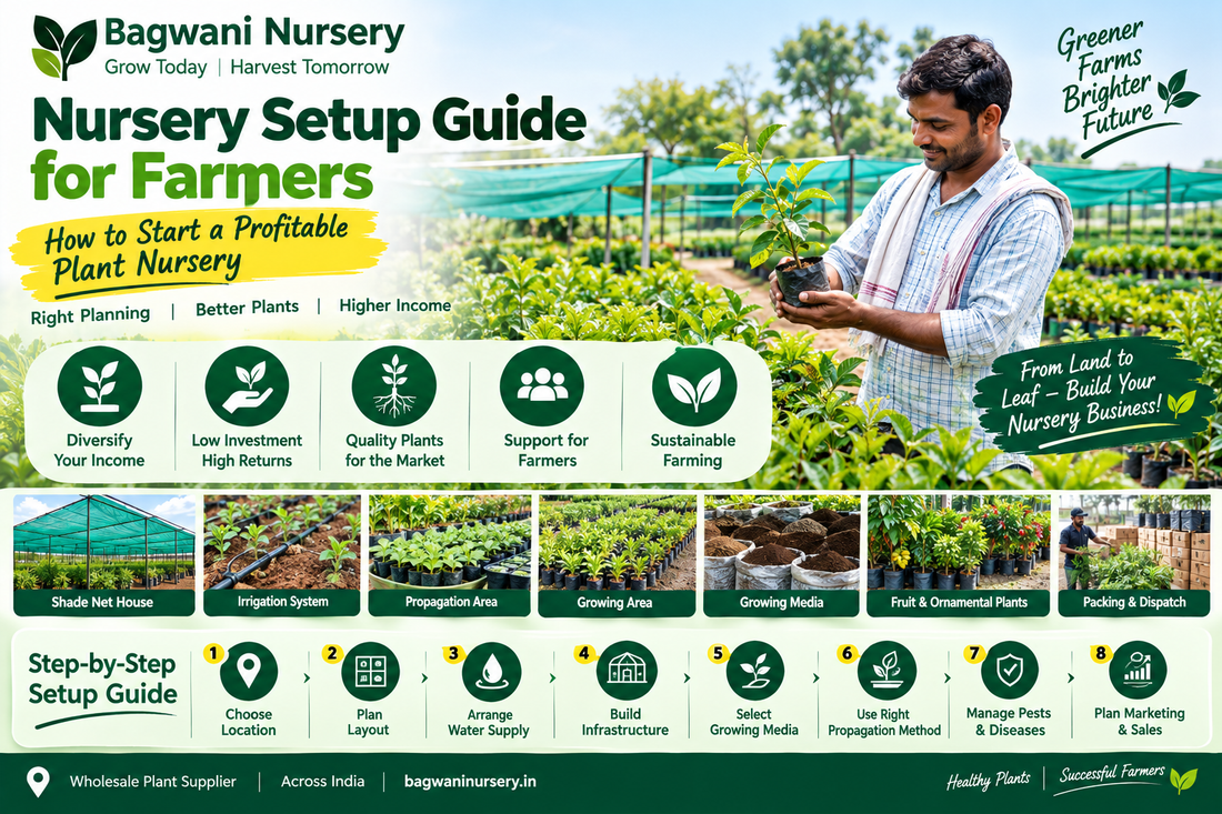 Nursery setup guide for farmers showing shade net, irrigation, plant propagation and nursery growing areas