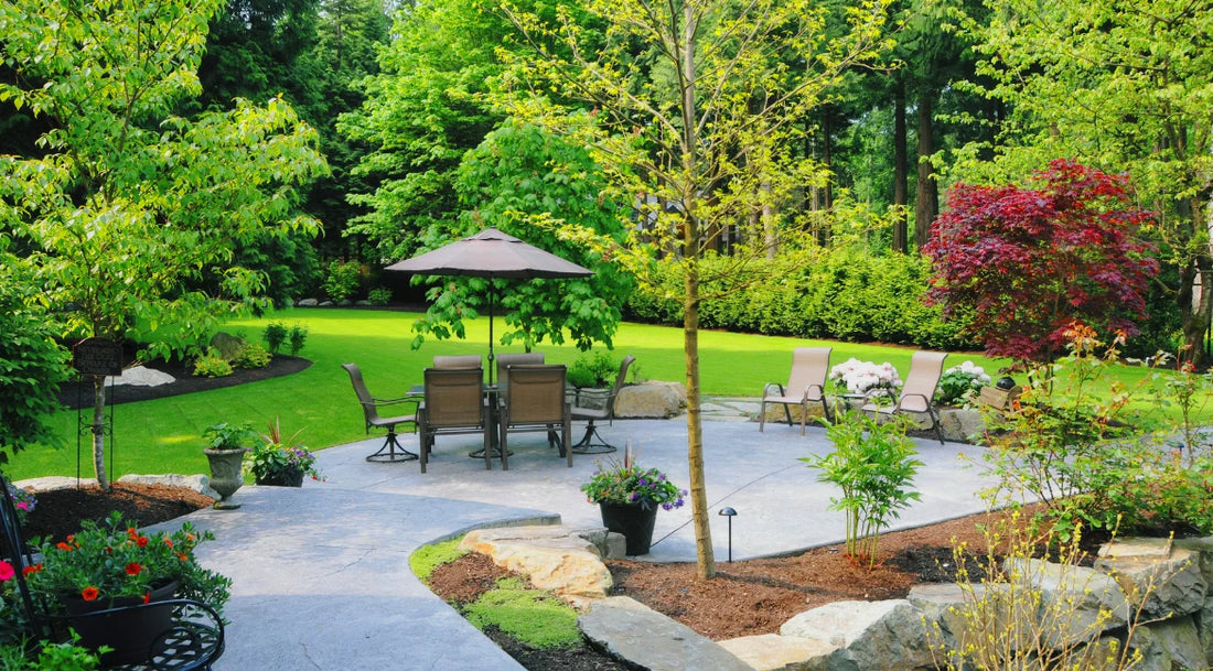 Beautiful landscaped garden with lush green lawn, trees, patio furniture, and colorful plants — modern outdoor garden design by Bagwani Nursery.
