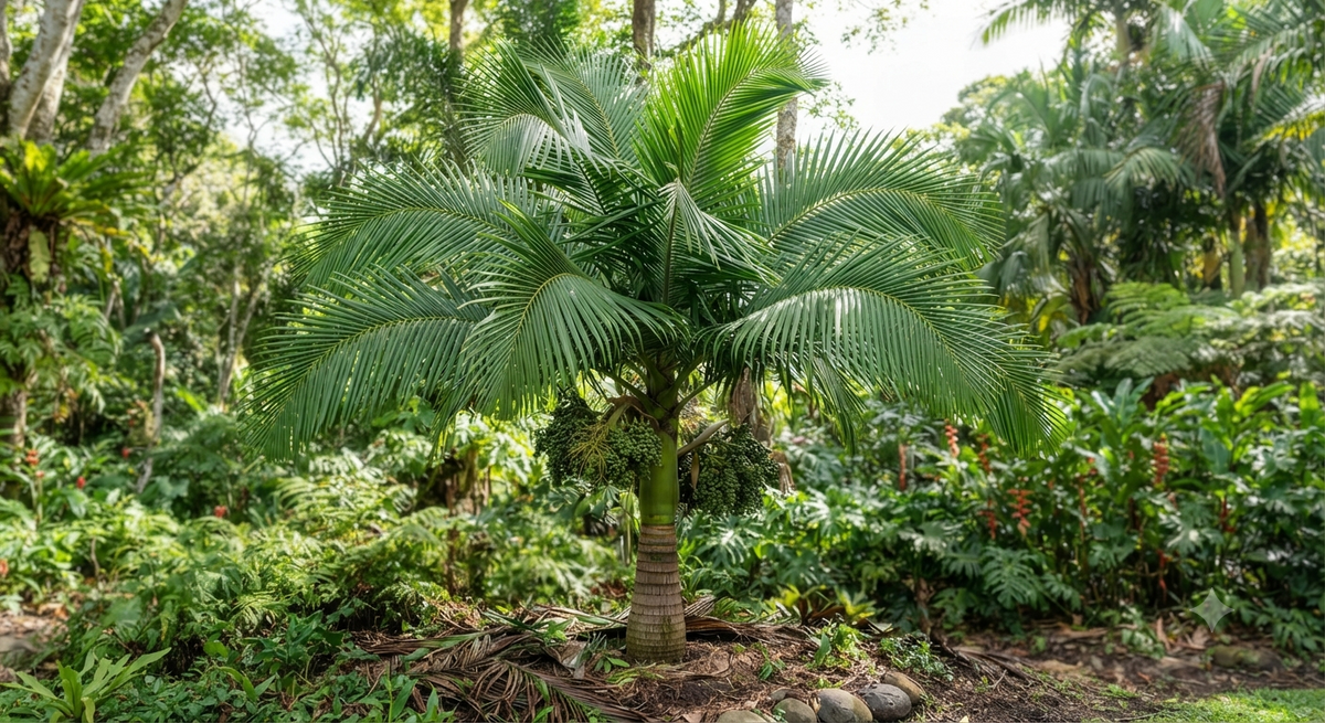 Veitchia Merrillii Green palm with long green leaves planted in a landscaped garden