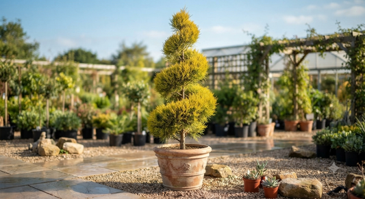 Golden Casuarina Topiary plant available for sale at a nursery for landscaping.