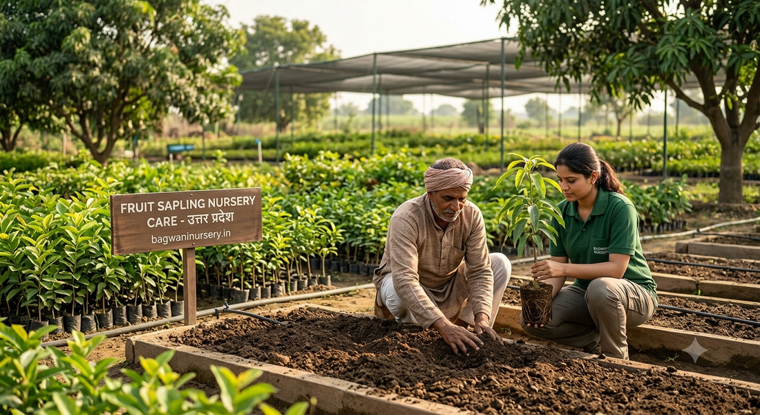 Experienced Indian farmer and Bagwani Nursery expert preparing rich alluvial soil and planting a commercial mango sapling in Uttar Pradesh, following expert care guidelines.