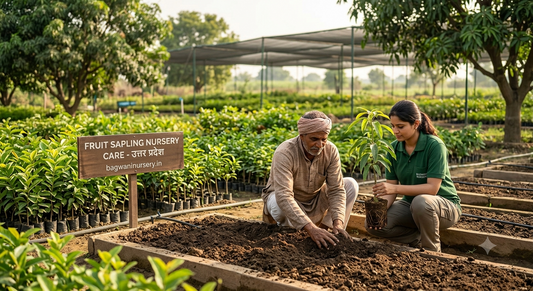 Experienced Indian farmer and Bagwani Nursery expert preparing rich alluvial soil and planting a commercial mango sapling in Uttar Pradesh, following expert care guidelines.