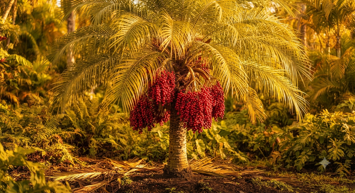 Veitchia Merrillii Golden palm with golden-green leaves planted in a landscaped garden