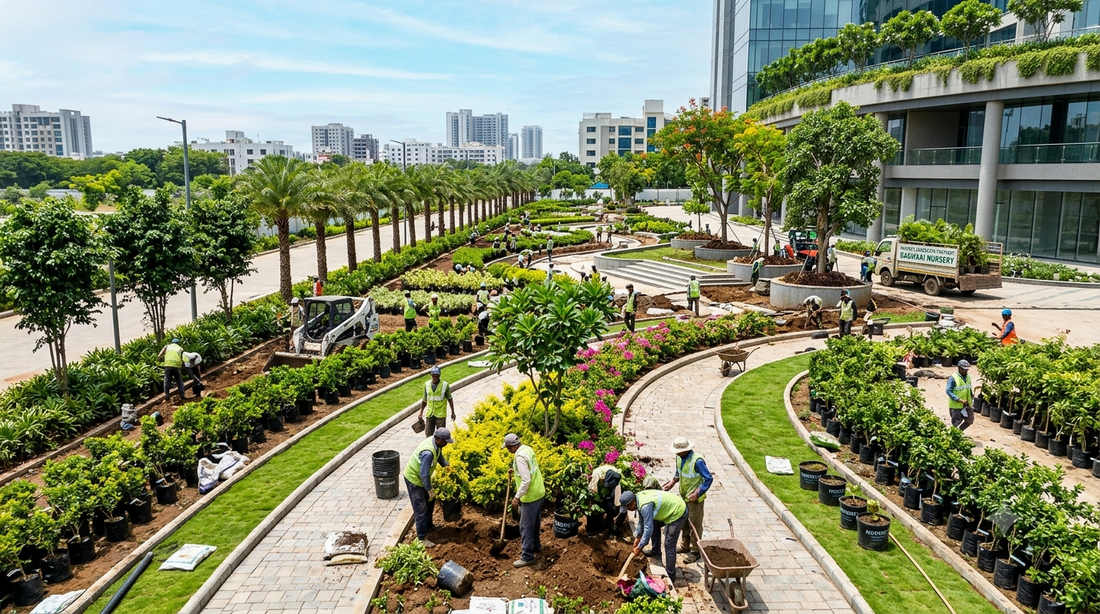 Large commercial landscaping project site in India with wholesale outdoor plants, avenue trees, and hedge shrubs being planted.
