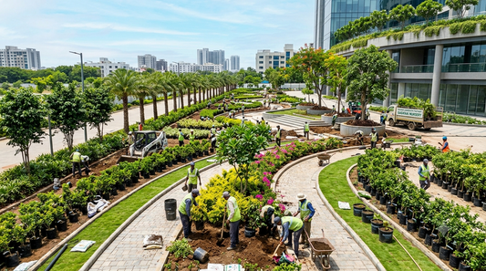 Large commercial landscaping project site in India with wholesale outdoor plants, avenue trees, and hedge shrubs being planted.