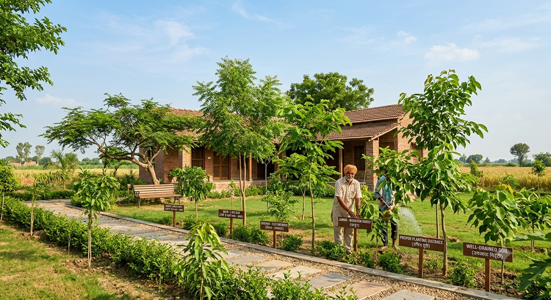 Fast-growing shade trees for North Indian farmhouses featuring proper planting distance and soil preparation labels