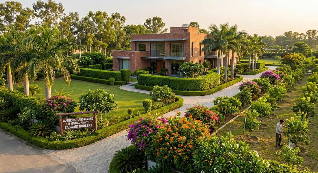 Essential farmhouse landscaping nursery plants including boundary palms flowering shrubs and manicured hedges in India