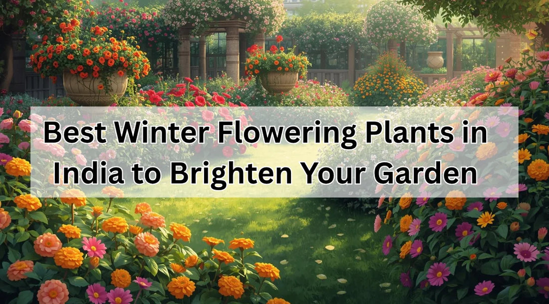 Colorful winter garden in India with marigolds, roses, bougainvillea, gerbera daisies, and pansies in full bloom.